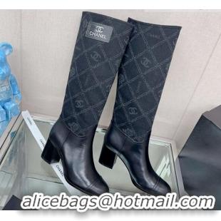 Cheap Chanel Calfskin & Denim Heel High Boots Black 904045