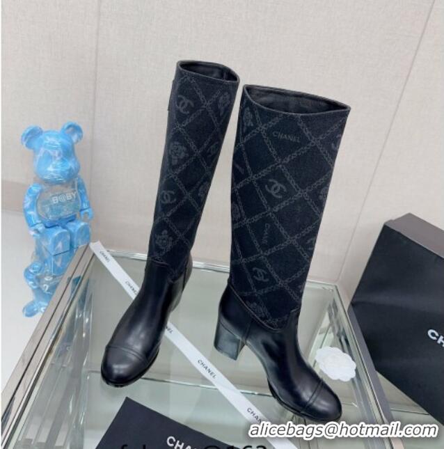 Cheap Chanel Calfskin & Denim Heel High Boots Black 904045