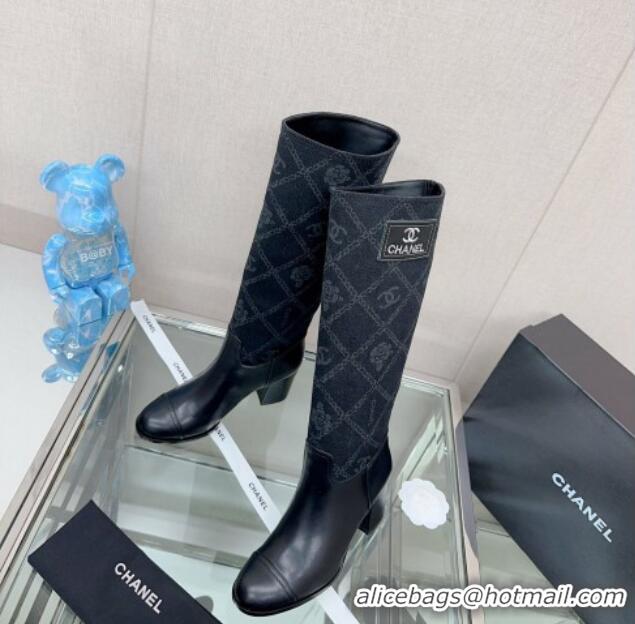 Cheap Chanel Calfskin & Denim Heel High Boots Black 904045