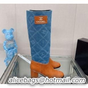 Luxurious Chanel Calfskin & Denim Heel High Boots Blue/Brown 04046