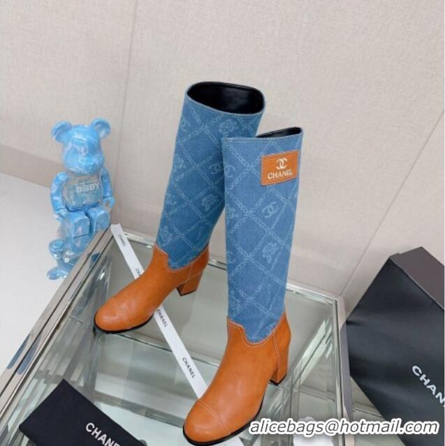 Luxurious Chanel Calfskin & Denim Heel High Boots Blue/Brown 04046