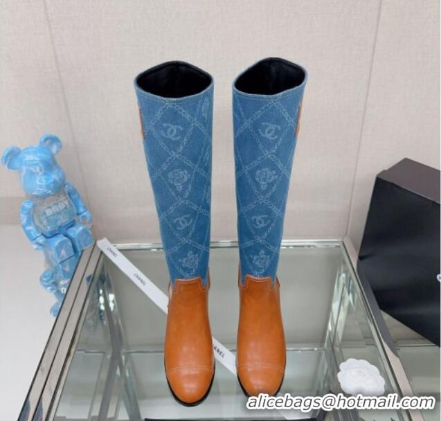 Luxurious Chanel Calfskin & Denim Heel High Boots Blue/Brown 04046