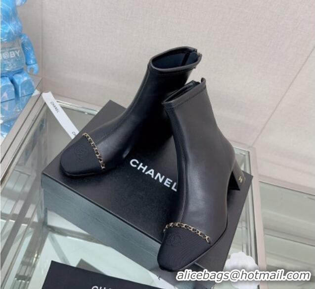 Lower Price Chanel Lambskin & Grosgrain Heel Ankle Boots 5cm with Chain Black 0904047