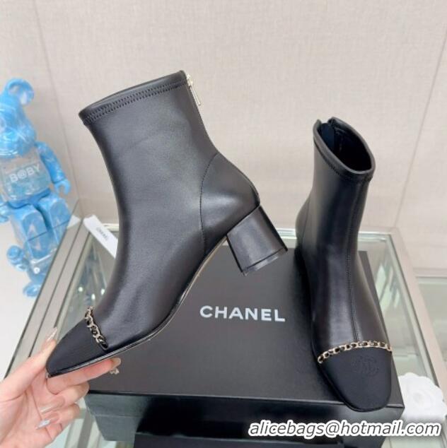 Lower Price Chanel Lambskin & Grosgrain Heel Ankle Boots 5cm with Chain Black 0904047