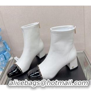 Most Popular Chanel Lambskin & Patent Calfskin Heel Ankle Boots 5cm with Chain White 0904048