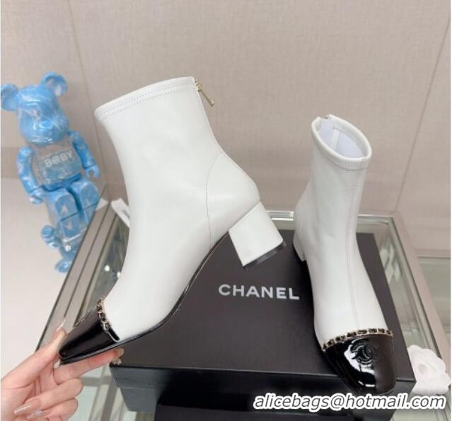 Most Popular Chanel Lambskin & Patent Calfskin Heel Ankle Boots 5cm with Chain White 0904048