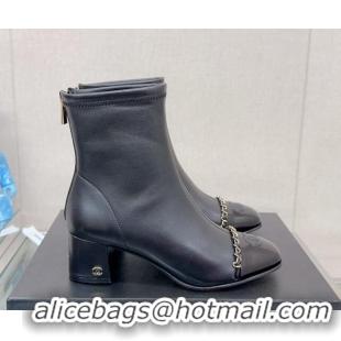 New Design Chanel Lambskin & Patent Calfskin Heel Ankle Boots 5cm with Chain Black 0904049