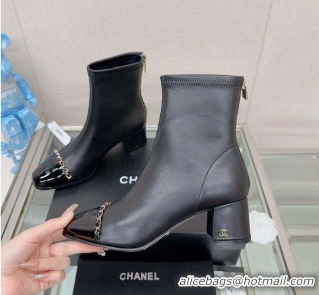 New Design Chanel Lambskin & Patent Calfskin Heel Ankle Boots 5cm with Chain Black 0904049