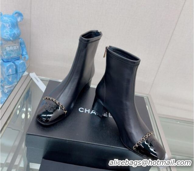 New Design Chanel Lambskin & Patent Calfskin Heel Ankle Boots 5cm with Chain Black 0904049