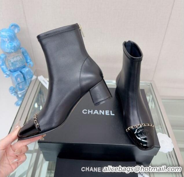 New Design Chanel Lambskin & Patent Calfskin Heel Ankle Boots 5cm with Chain Black 0904049