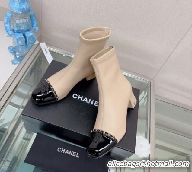 Big Discount Chanel Lambskin & Patent Calfskin Heel Ankle Boots 5cm with Chain Nude 904050