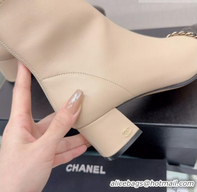 Big Discount Chanel Lambskin & Patent Calfskin Heel Ankle Boots 5cm with Chain Nude 904050