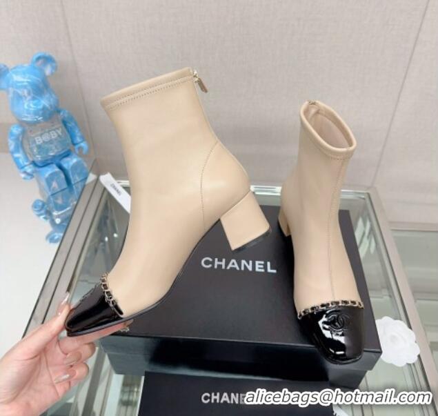 Big Discount Chanel Lambskin & Patent Calfskin Heel Ankle Boots 5cm with Chain Nude 904050