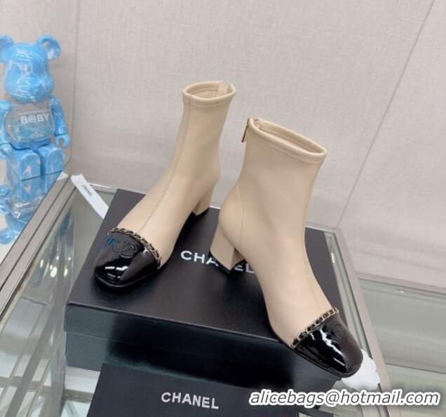 Big Discount Chanel Lambskin & Patent Calfskin Heel Ankle Boots 5cm with Chain Nude 904050