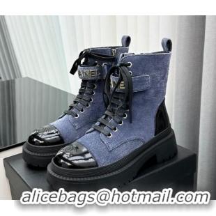 Good Quality Chanel Canvas Ankle Boots with Strap Blue 091101