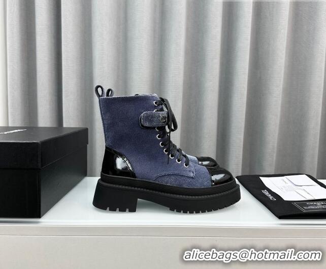 Good Quality Chanel Canvas Ankle Boots with Strap Blue 091101