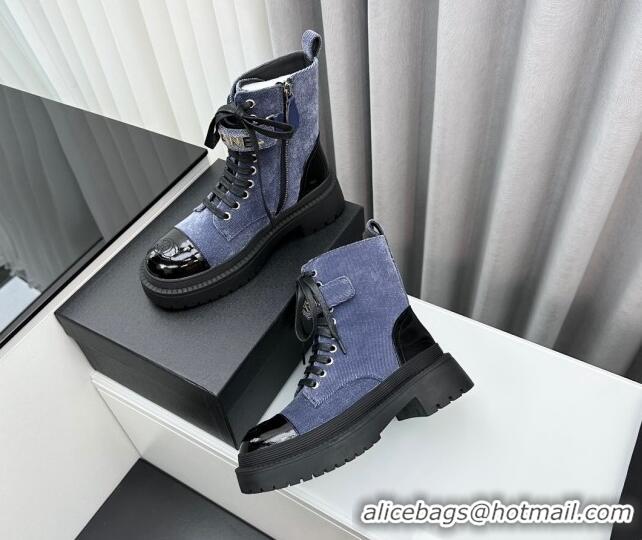 Good Quality Chanel Canvas Ankle Boots with Strap Blue 091101