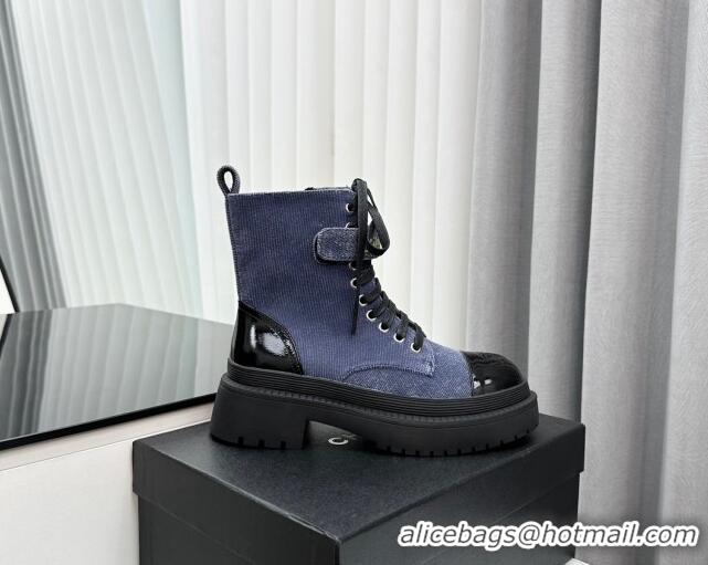 Good Quality Chanel Canvas Ankle Boots with Strap Blue 091101