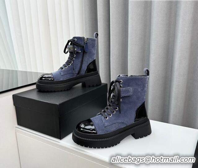 Good Quality Chanel Canvas Ankle Boots with Strap Blue 091101