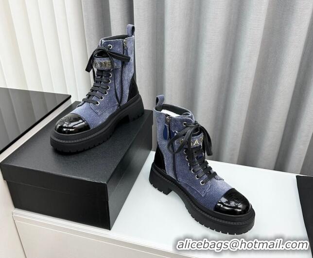 Good Quality Chanel Canvas Ankle Boots with Strap Blue 091101