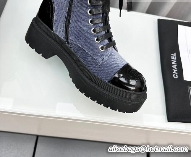 Good Quality Chanel Canvas Ankle Boots with Strap Blue 091101