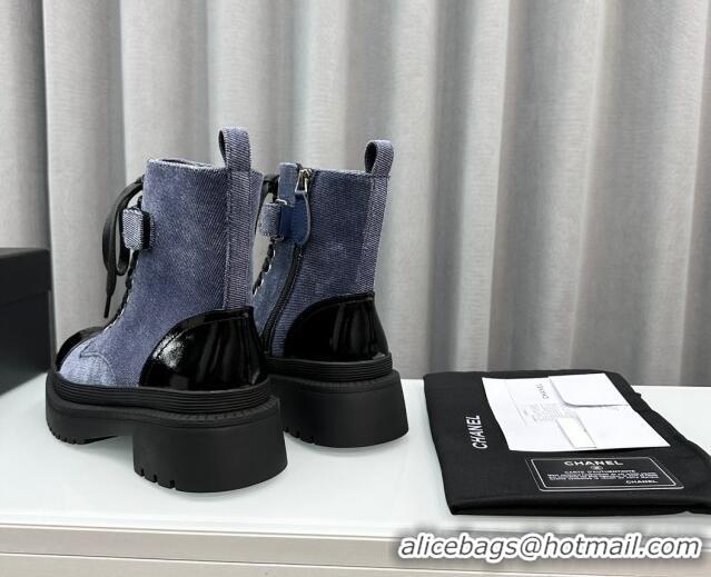 Good Quality Chanel Canvas Ankle Boots with Strap Blue 091101