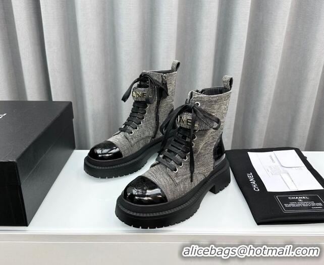 Best Quality Chanel Canvas Ankle Boots with Strap Grey 91102