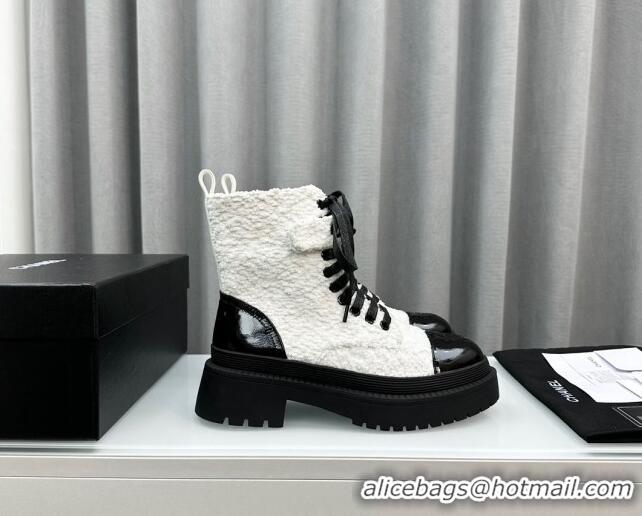 Perfect Chanel Tweed Ankle Boots with Strap White 091103