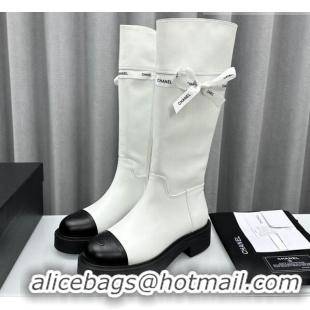 Best Grade Chanel Calfskin High Boots with Bow White 091106