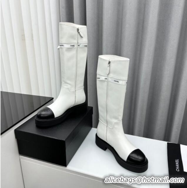 Best Grade Chanel Calfskin High Boots with Bow White 091106