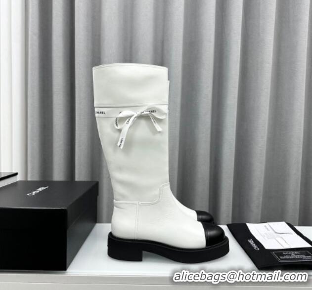 Best Grade Chanel Calfskin High Boots with Bow White 091106