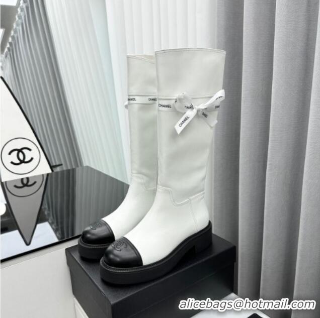 Best Grade Chanel Calfskin High Boots with Bow White 091106