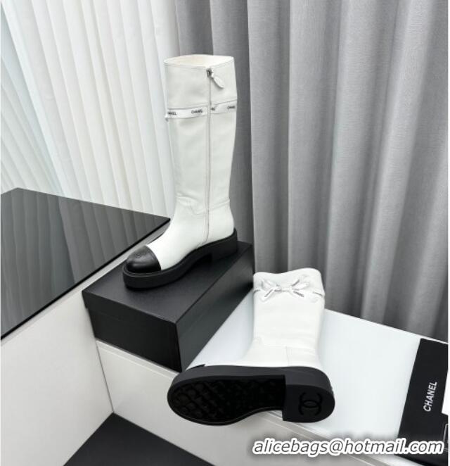 Best Grade Chanel Calfskin High Boots with Bow White 091106