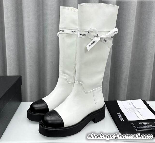 Best Grade Chanel Calfskin High Boots with Bow White 091106