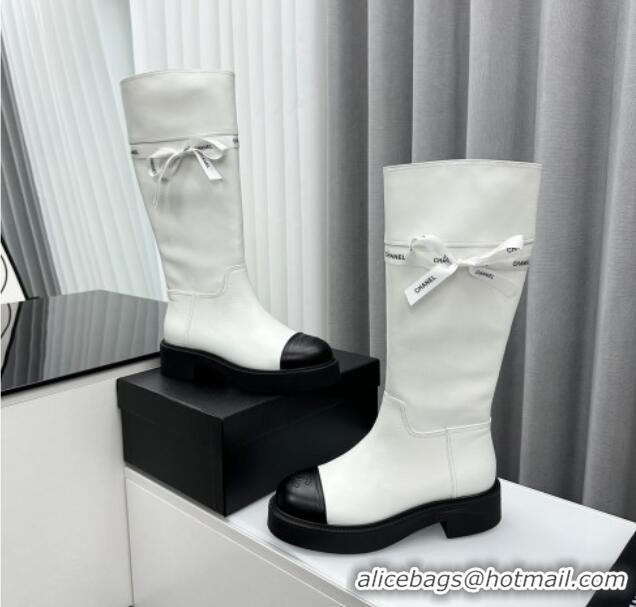 Best Grade Chanel Calfskin High Boots with Bow White 091106