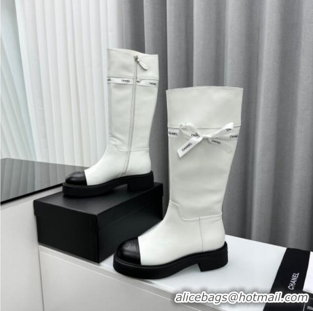 Best Grade Chanel Calfskin High Boots with Bow White 091106