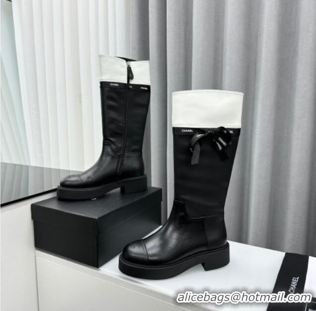 Best Price Chanel Calfskin High Boots with Bow Black/White 091107