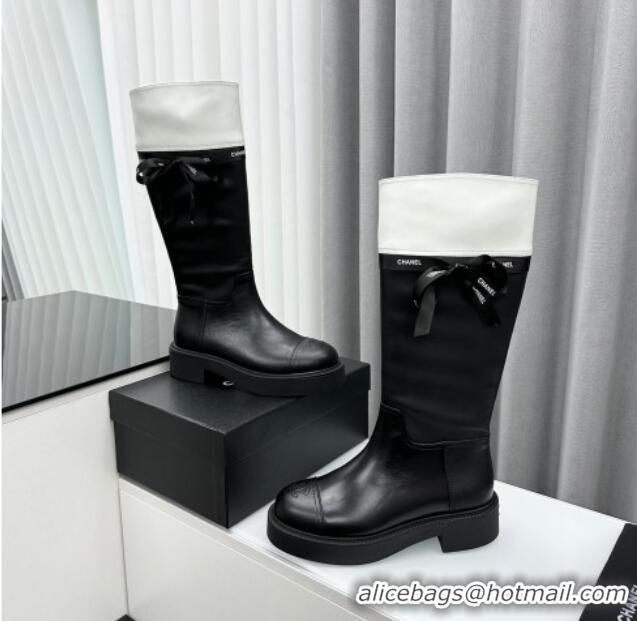 Best Price Chanel Calfskin High Boots with Bow Black/White 091107