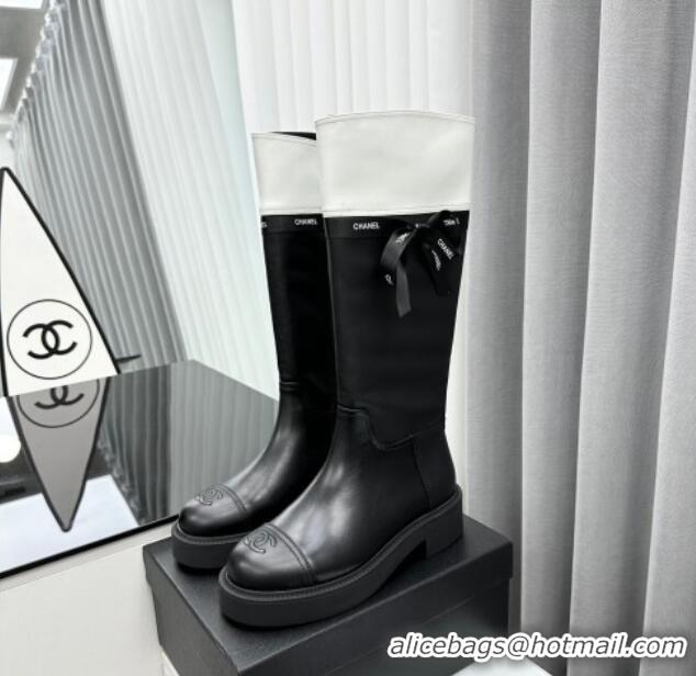 Best Price Chanel Calfskin High Boots with Bow Black/White 091107