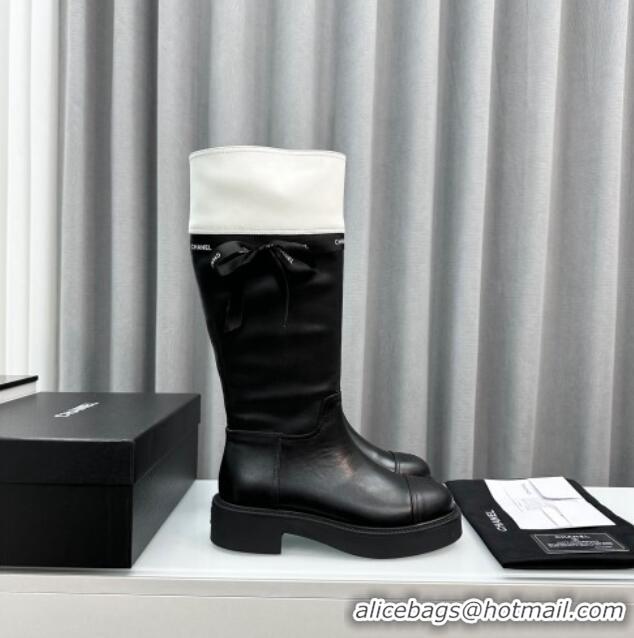 Best Price Chanel Calfskin High Boots with Bow Black/White 091107