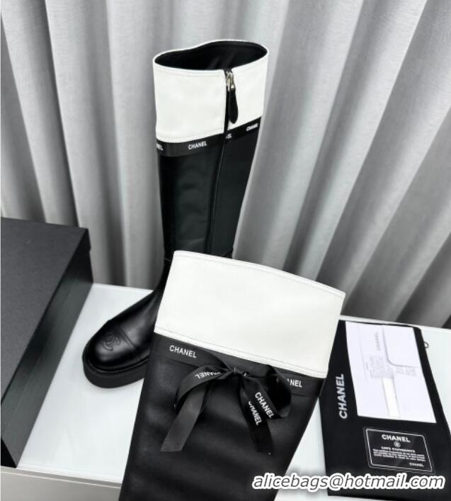 Best Price Chanel Calfskin High Boots with Bow Black/White 091107