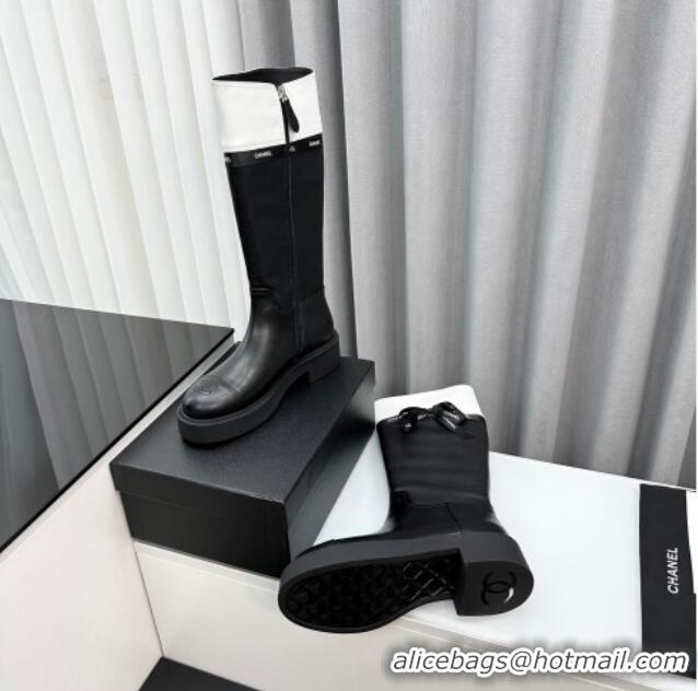 Best Price Chanel Calfskin High Boots with Bow Black/White 091107