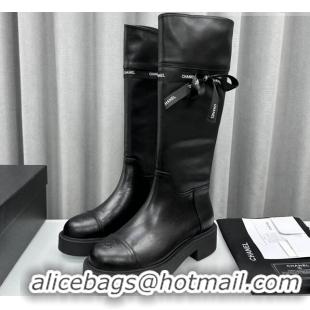 Classic Hot Chanel Calfskin High Boots with Bow Black 091108