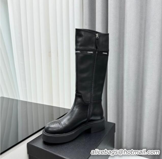 Classic Hot Chanel Calfskin High Boots with Bow Black 091108