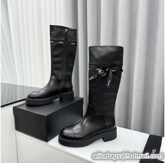 Classic Hot Chanel Calfskin High Boots with Bow Black 091108