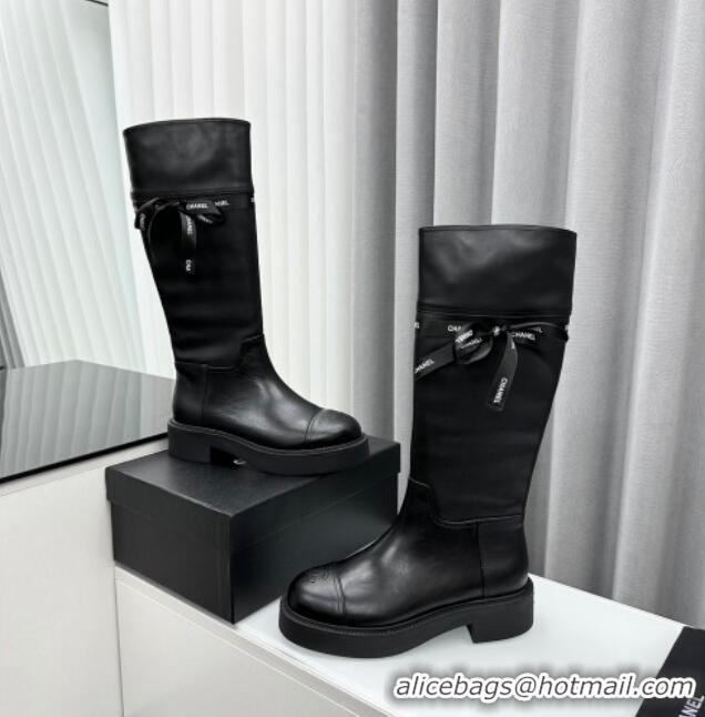 Classic Hot Chanel Calfskin High Boots with Bow Black 091108