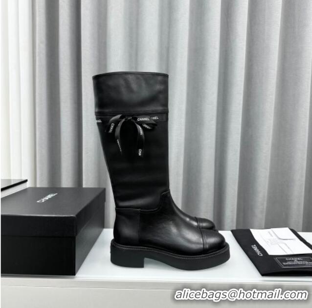 Classic Hot Chanel Calfskin High Boots with Bow Black 091108