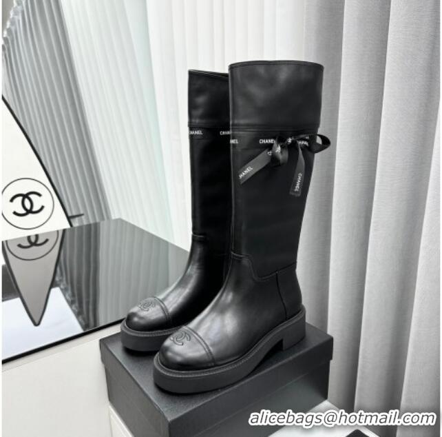 Classic Hot Chanel Calfskin High Boots with Bow Black 091108