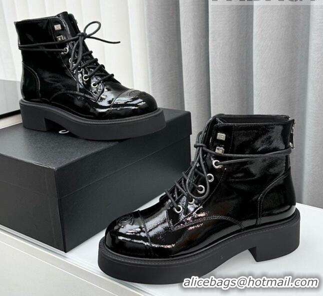 Purchase Chanel Patent Calfskin Ankle Boots Black 091109