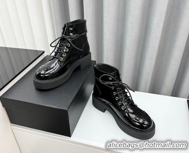 Purchase Chanel Patent Calfskin Ankle Boots Black 091109